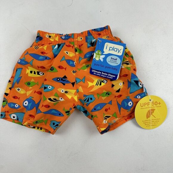 NWT iPlay Boys Swim Trunks Orange Fish Built In Diaper Size S 6M UPF 50+ - Picture 2 of 7